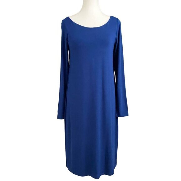 EILEEN FISHER NAVY LONG SLEEVE BACK STRAPPY CUT OUT STRETCHY DRESS - XS - Picture 2 of 10